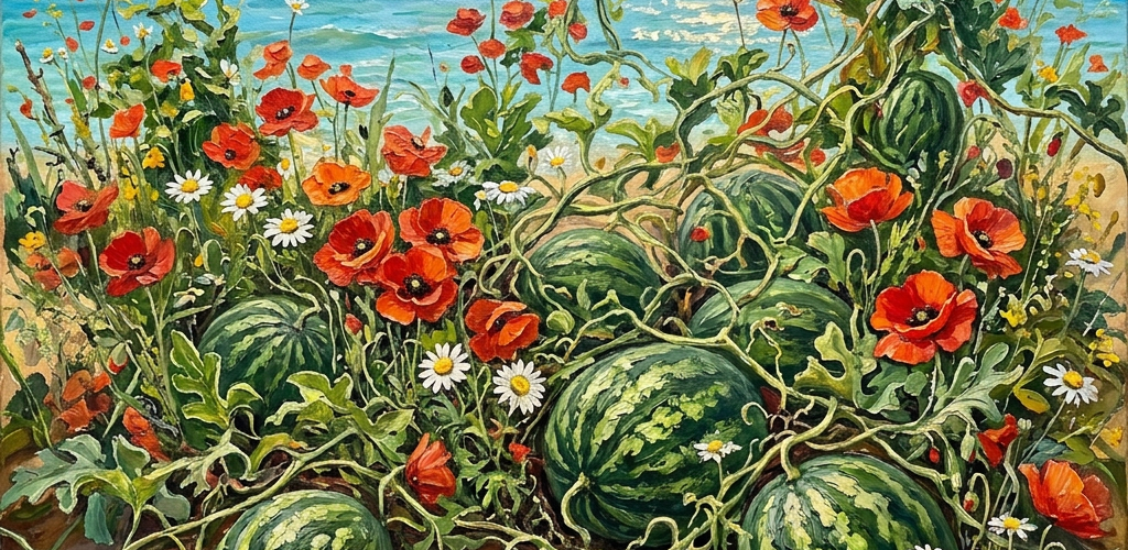 Watermelons growing among red poppies, white daisies, and green vines