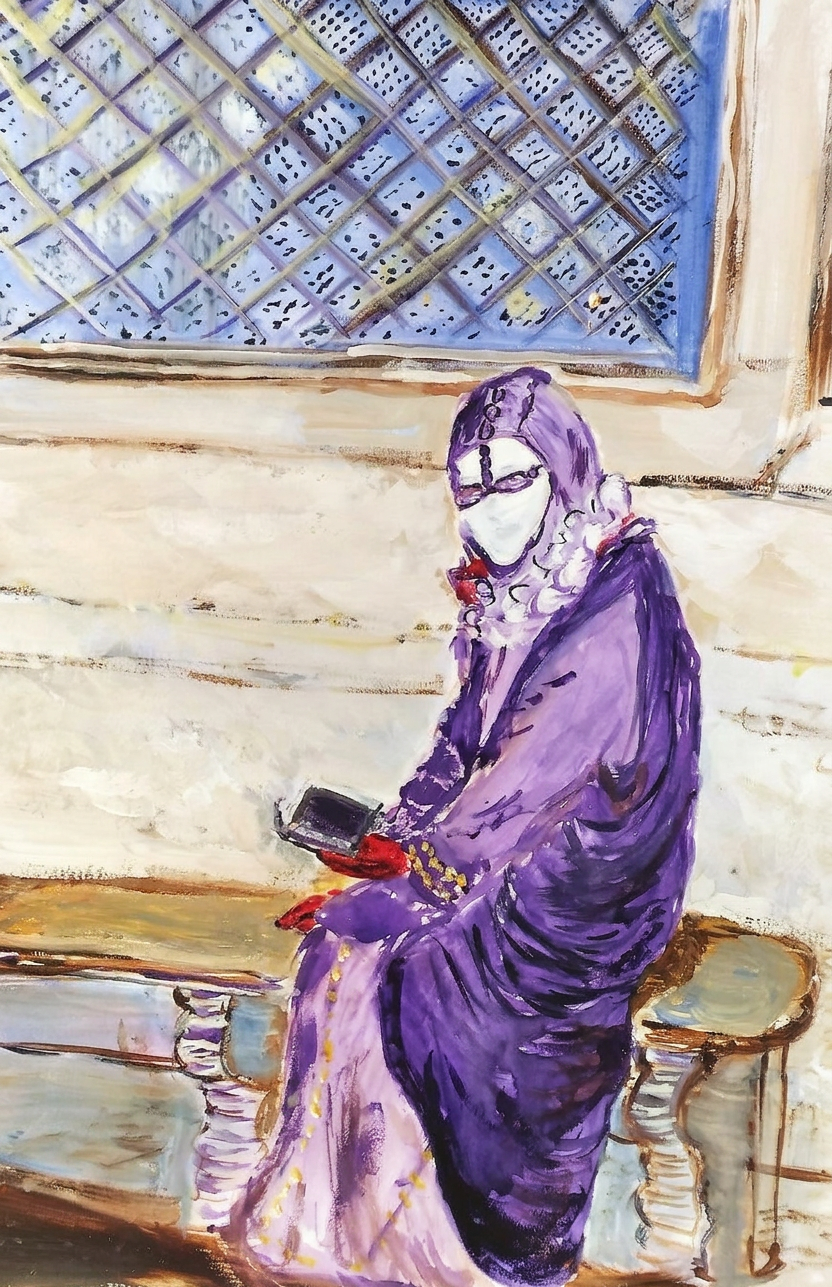 Veiled woman in purple clothing seated beside a patterned window