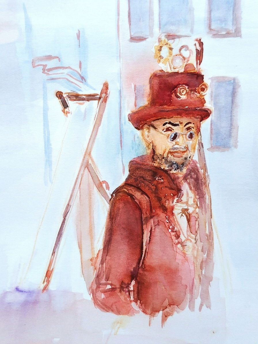 Watercolor painting of a bearded man in a tall red hat and coat beside an easel