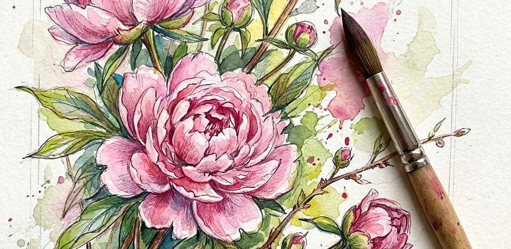 Watercolor painting of pink peonies with a brush resting beside it