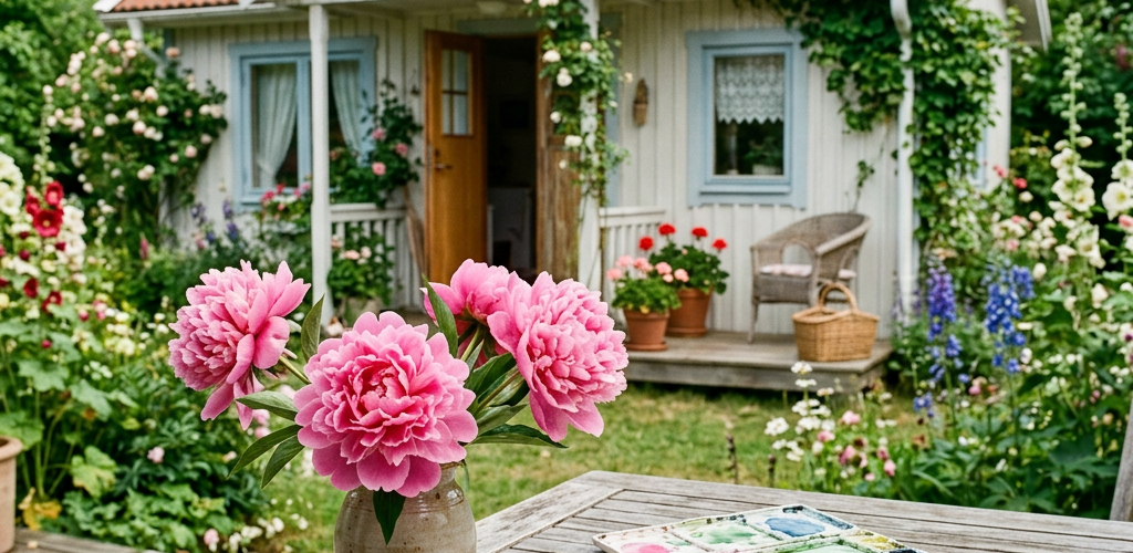 Watercolor supplies and pink peonies on a table outside a cottage