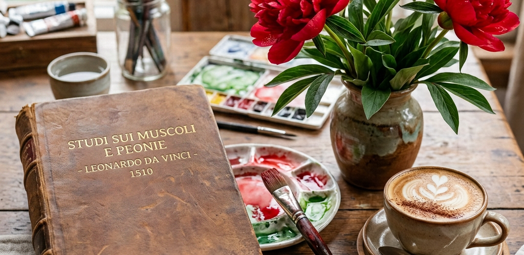 Open Italian anatomy book beside red flowers, paint palette, brushes, and cappuccino