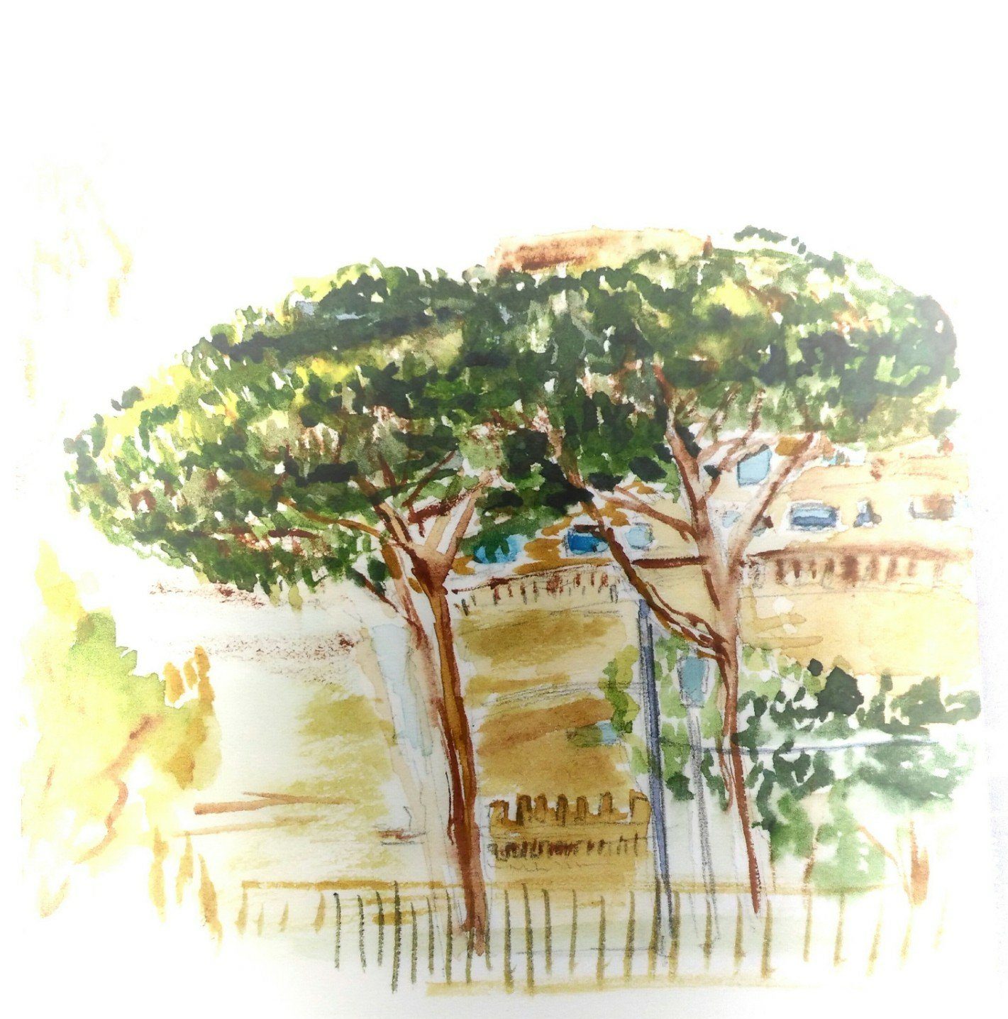 Watercolor sketch of Rome featuring tall umbrella pine trees in the foreground and Castel Sant'Angelo in the background, painted in warm ochre and green tones